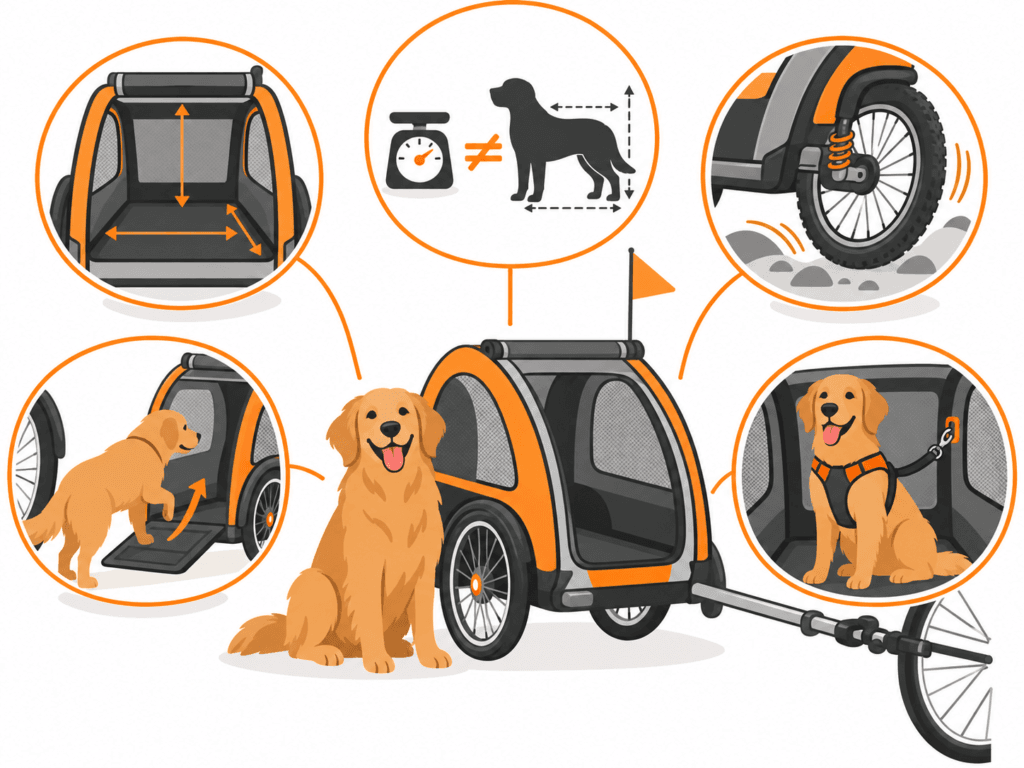 hundefahrradanhaenger-groesse-infografik Infografik zur richtigen Größe eines Hundefahrradanhängers mit Innenmaßen und Hunde-Messpunkten