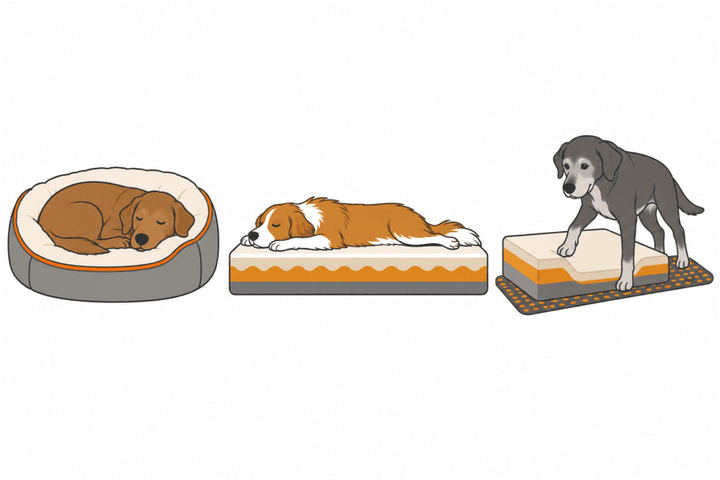 orthopaedisches-hundebett-formen Orthopädisches Hundebett im Vergleich: ein Hund eingerollt mit Rand, ein ausgestreckter Hund auf einer flachen Matte und ein Senior am niedrigen Einstieg.