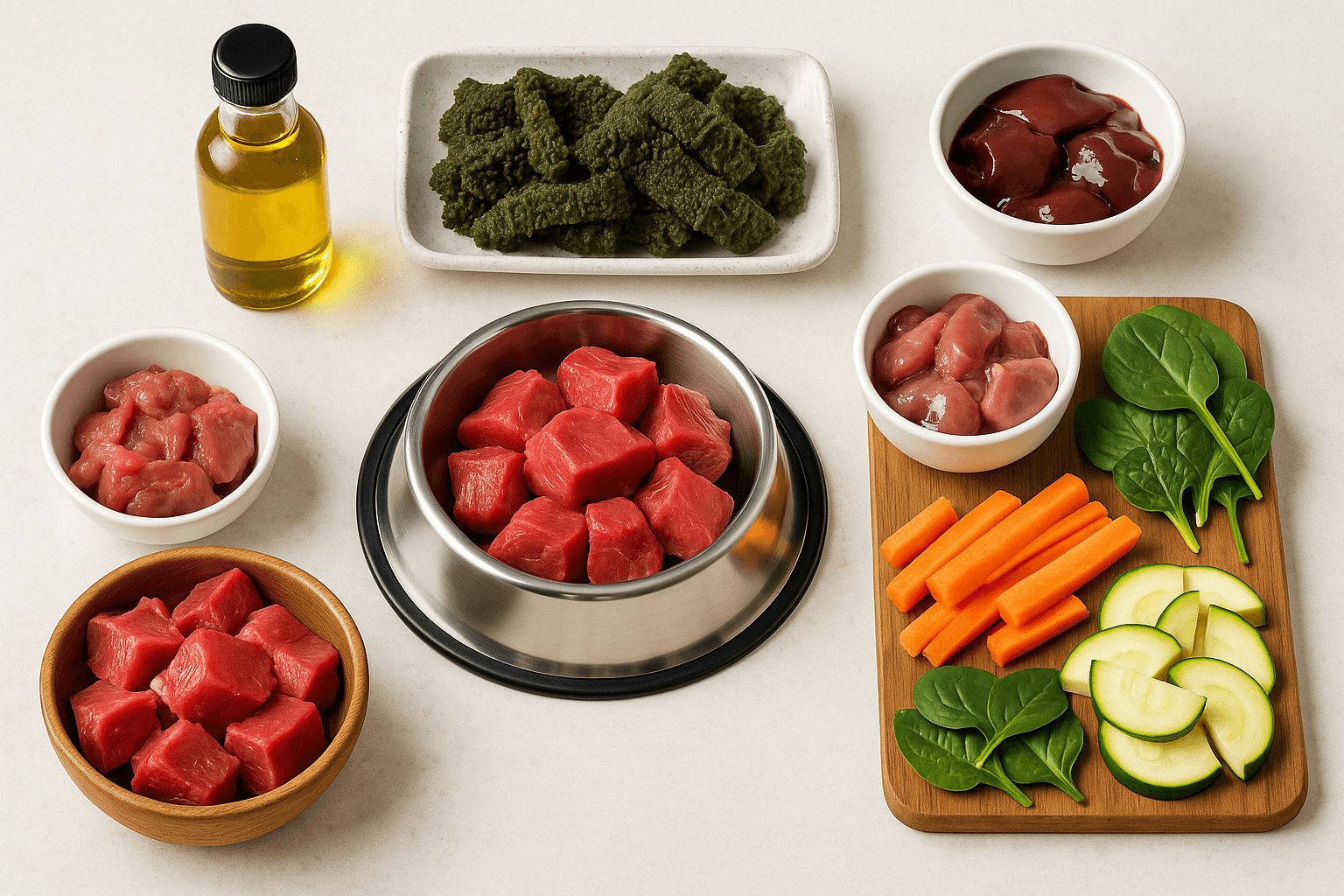 Frische BARF-Zutaten für Hunde mit Fleisch, Knochen und Gemüse