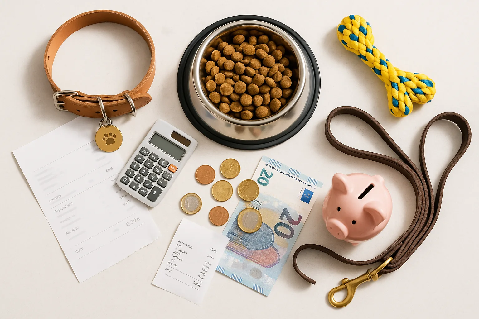 Glücklicher Hund mit Futter und Spielzeug - Kostenrechner