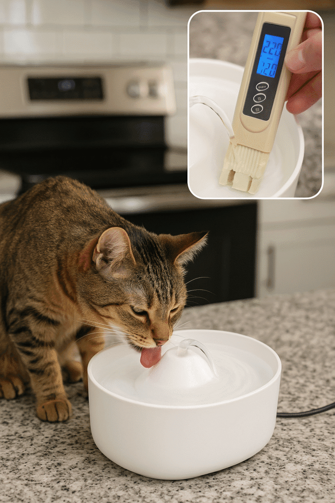 katze trinkt aus automatischen katzenbrunnen