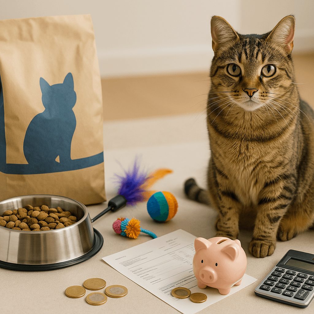 Elegante Hauskatze mit Katzenzubehör, Futter, Spielzeug und Kratzbaum in moderner Wohnung