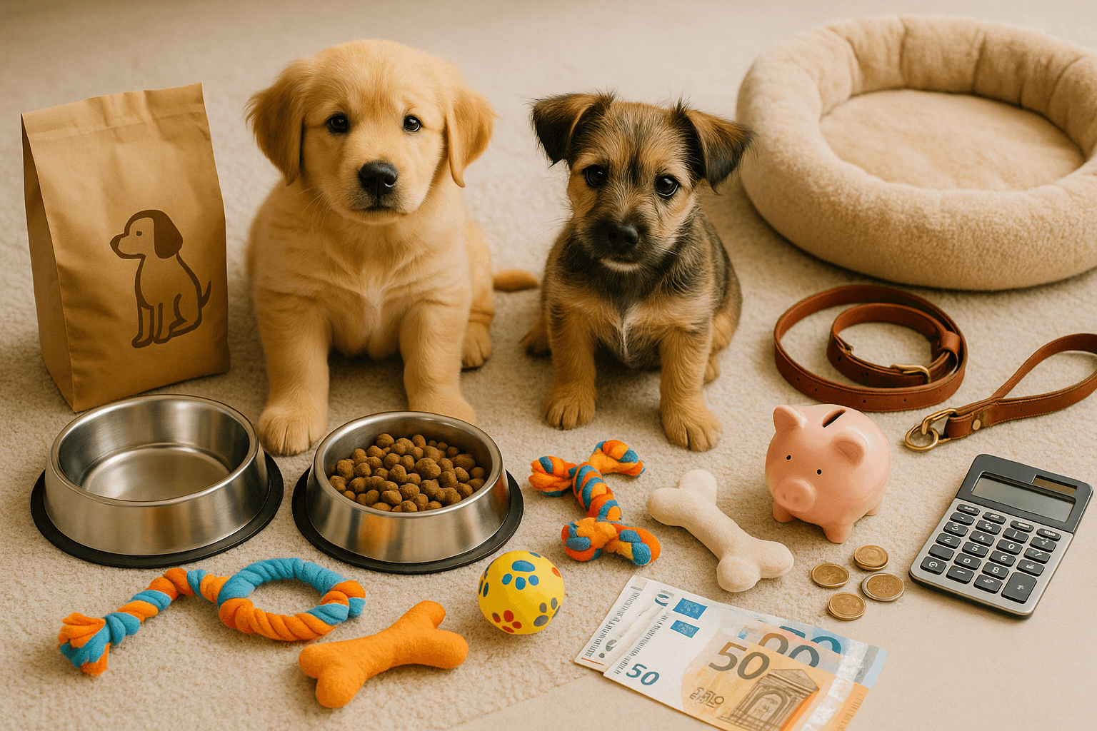 Süße Welpen verschiedener Rassen mit Welpenzubehör, Spielzeug, Futter und Körbchen