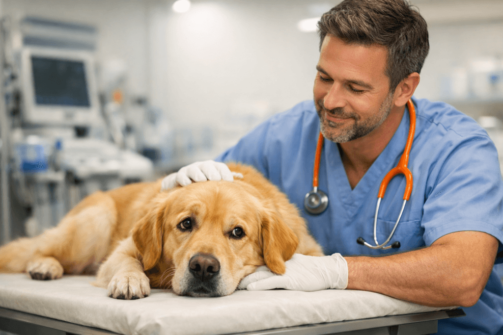 Hund auf OP-Tisch mit Arzt daneben