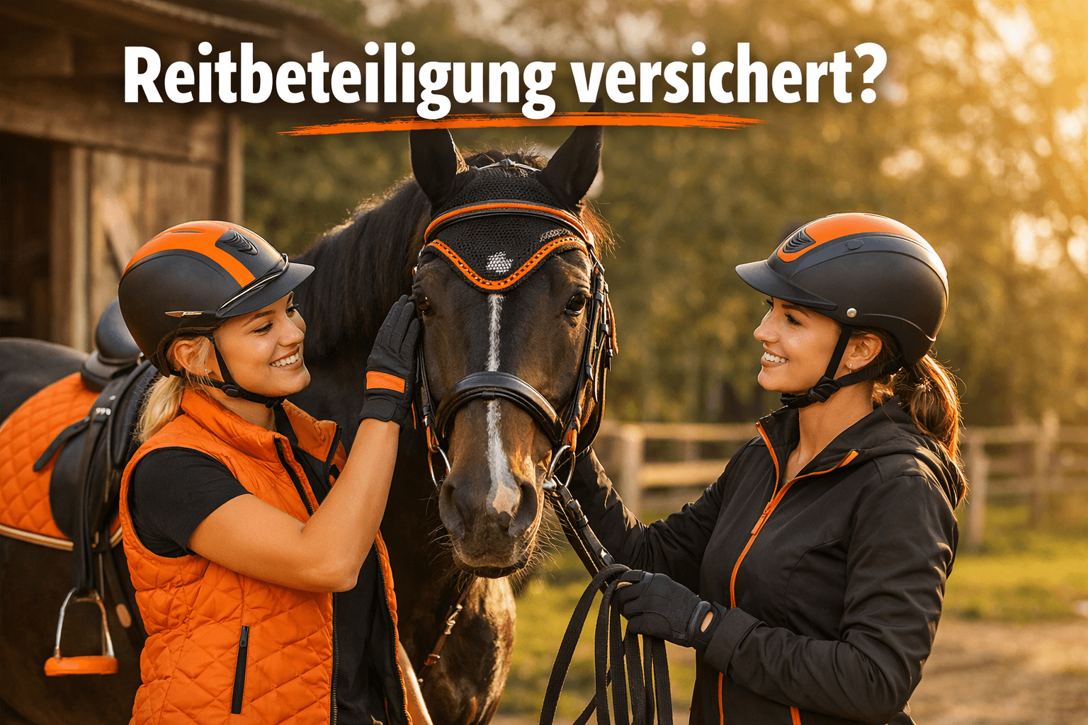 Zwei Reiterinnen stehen neben Pferd.