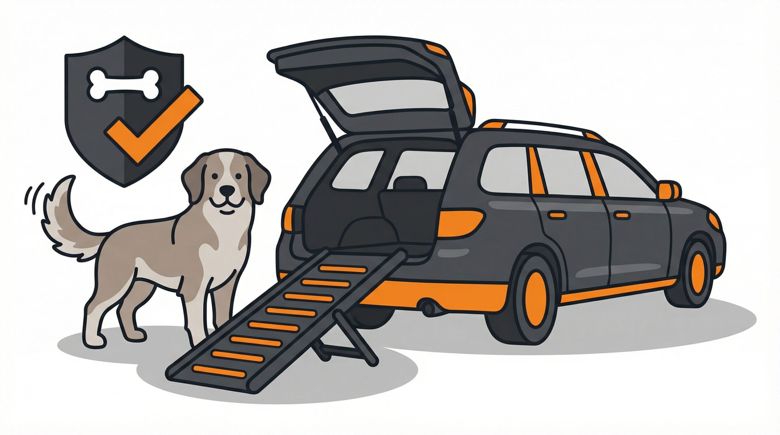 Goldener Retriever nutzt eine Hundetreppe am Auto Kofferraum