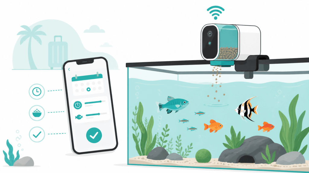 Futterautomat für das Aquarium mit App für Urlaub und Abwesenheit, sowie Komfort.