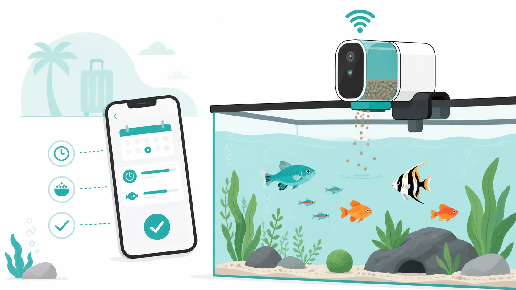 Futterautomat für das Aquarium mit App für Urlaub und Abwesenheit, sowie Komfort.