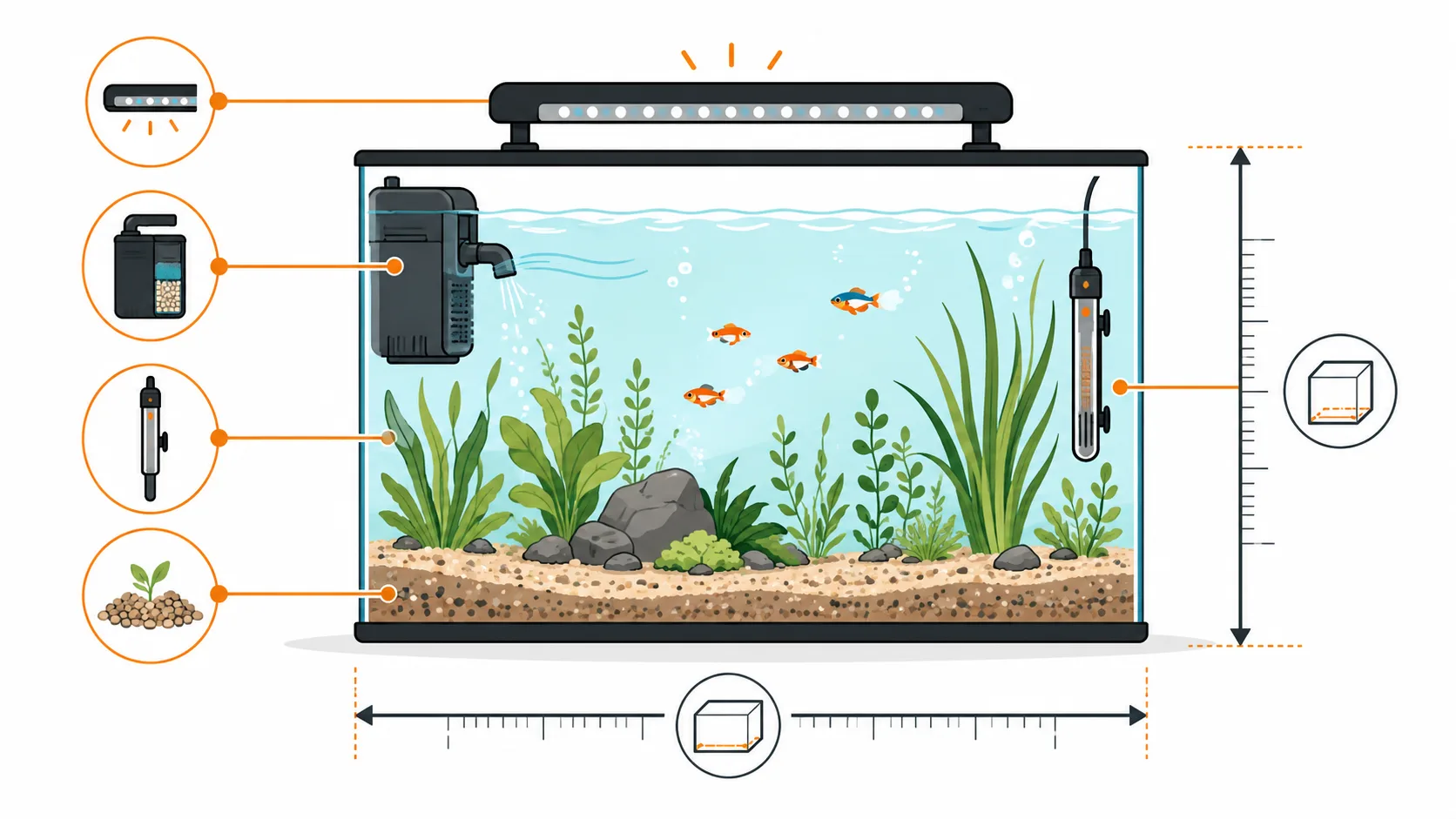 Technikübersicht für ein Aquarium mit Filter, Heizstab, LED-Beleuchtung und Bodengrund
