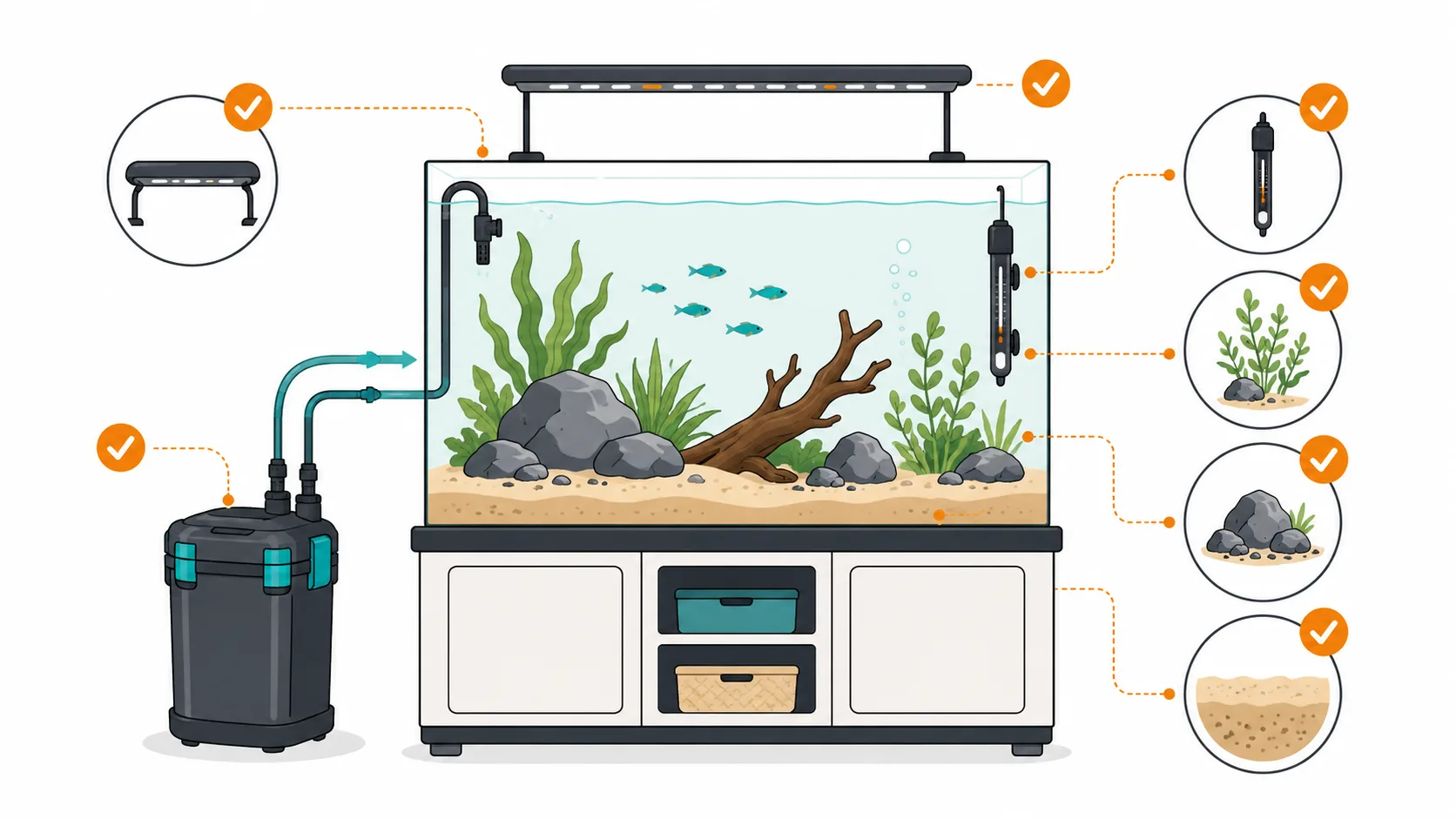 Vollständig eingerichtetes Süßwasseraquarium mit abgestimmter Technik und Pflanzen