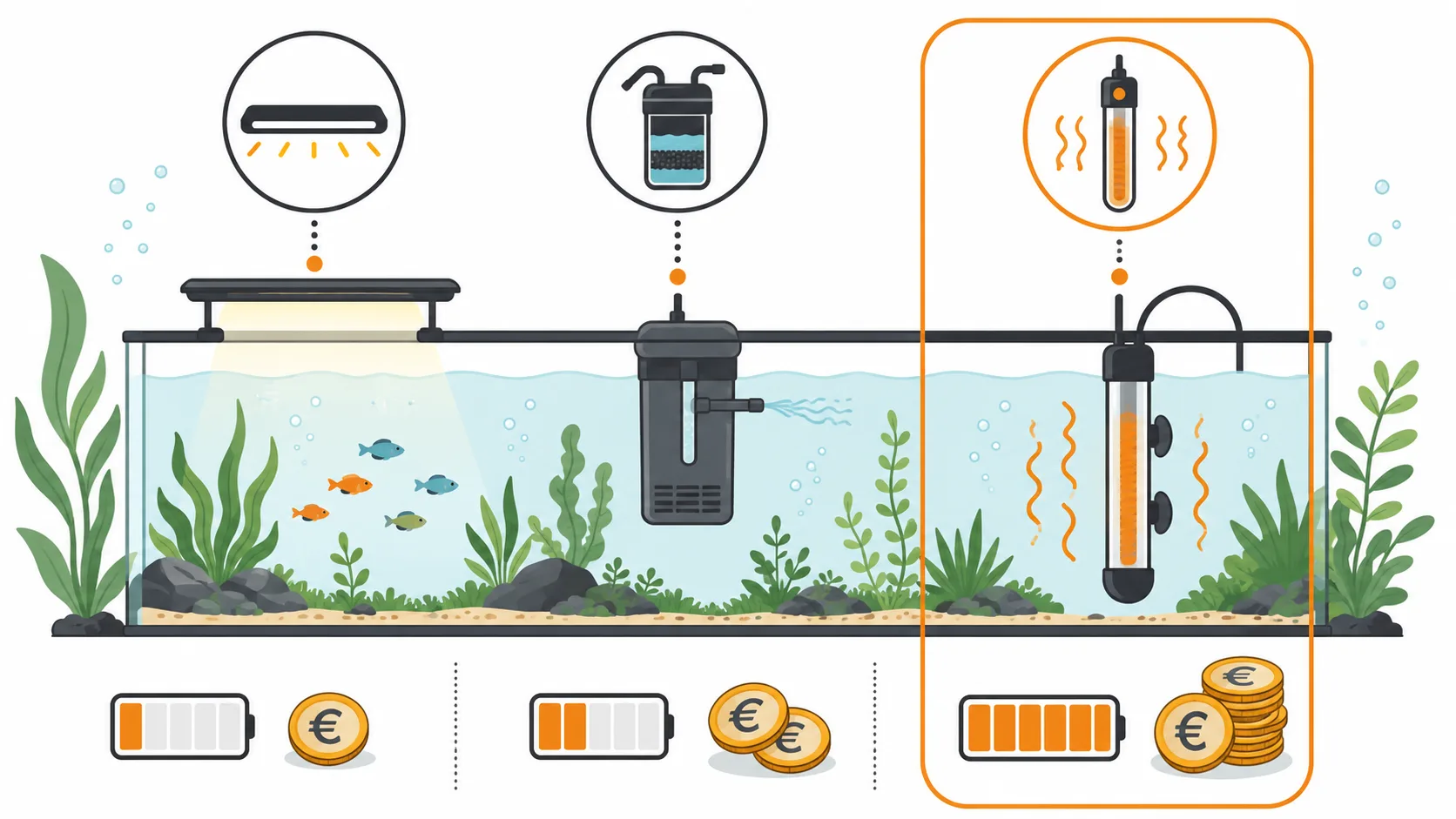 Infografikartige Darstellung von Heizung, LED und Filter als Stromverbraucher im Aquarium