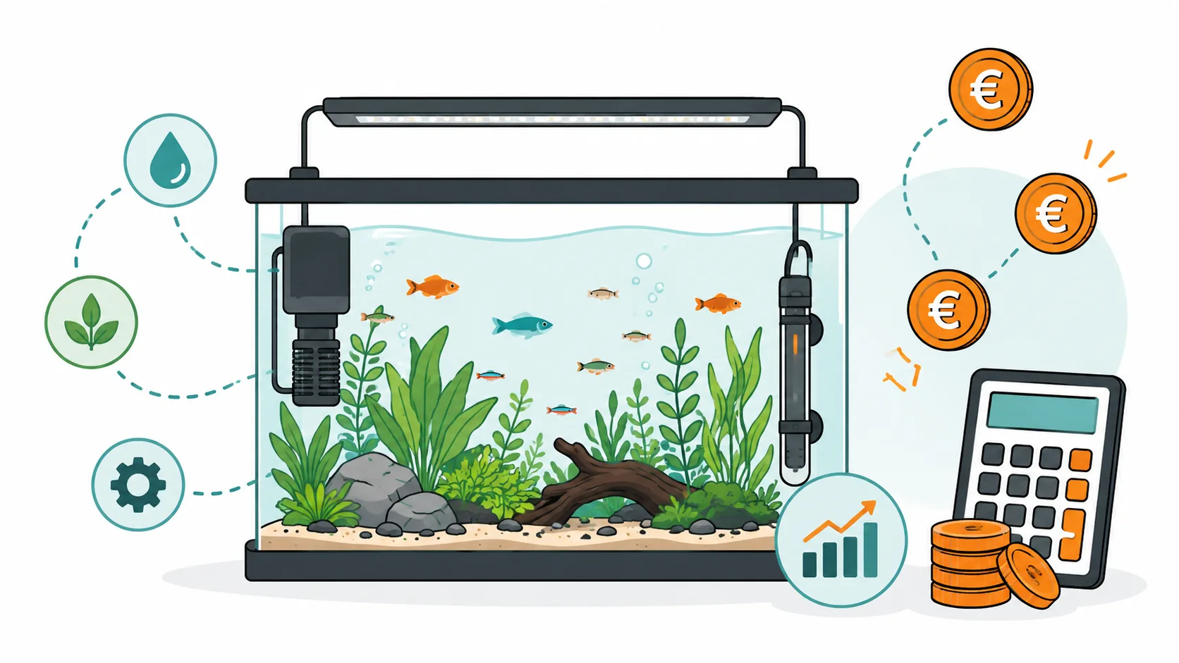 Modernes Süßwasseraquarium mit LED-Beleuchtung, Filter und Wasserpflanzen für den Aquarium-Kostenrechner