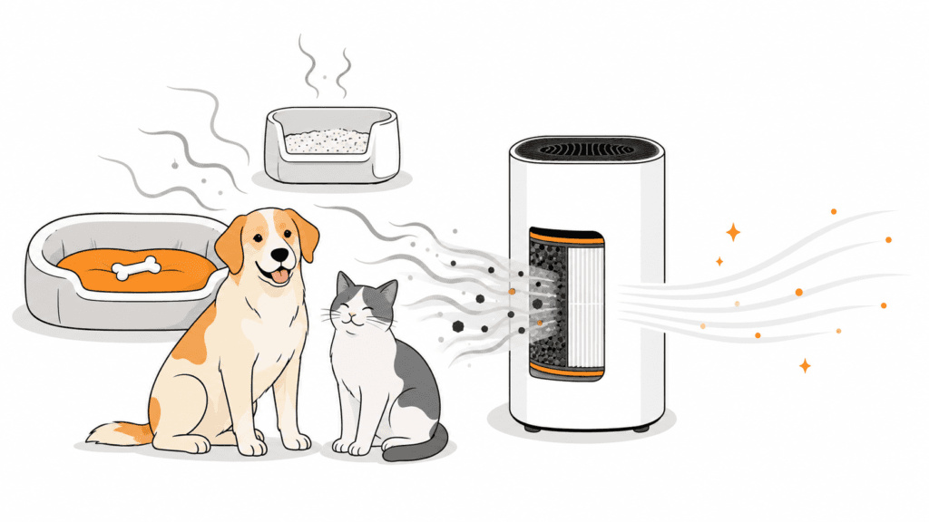 Luftreiniger gegen Hundegeruch mit Aktivkohlefilter im Wohnzimmer