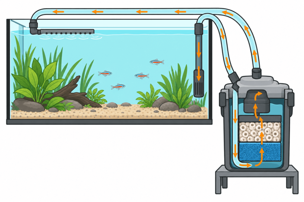 aquarium-aussenfilter-wasserfluss-infografik Wasserweg im Aquarium-Außenfilter mit Ansaugung, Filtermedien und Rücklauf