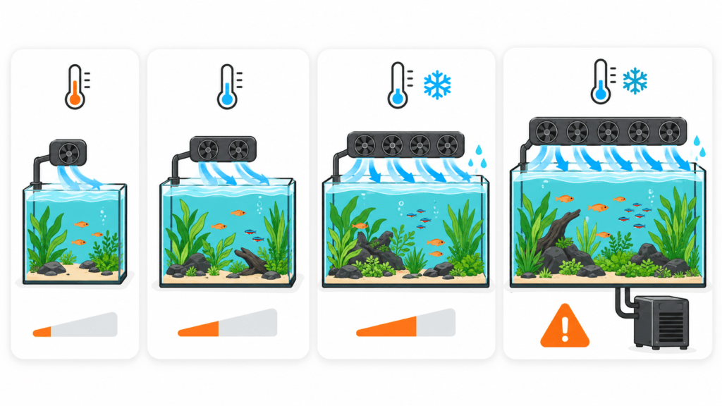 aquarium-luefter-beckengroesse-infografik Infografik zur passenden Aquarium-Lüftergröße für 60, 100, 200 und 300 Liter