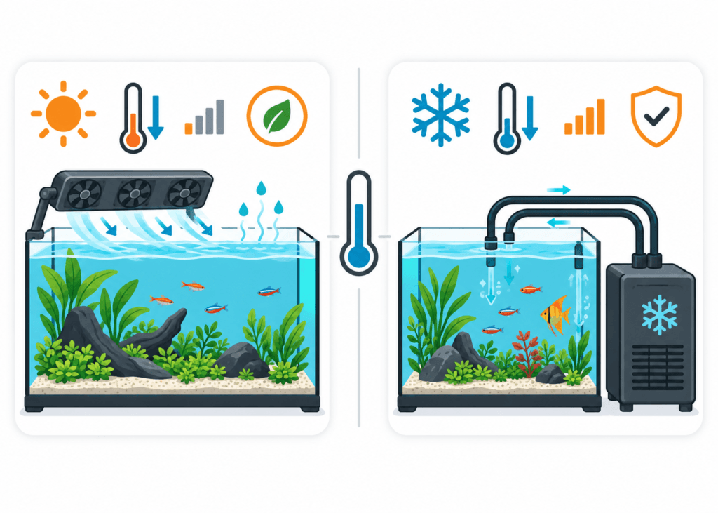 aquarium-luefter-vs-durchlaufkuehler-infografik Aquarium-Lüfter und Durchlaufkühler im Vergleich für unterschiedliche Temperaturabsenkungen
