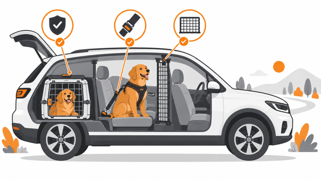 Hund im Auto sichern mit Hundebox, Sicherheitsgurt und Trenngitter