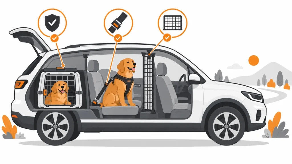 Hund im Auto sichern mit Hundebox, Sicherheitsgurt und Trenngitter