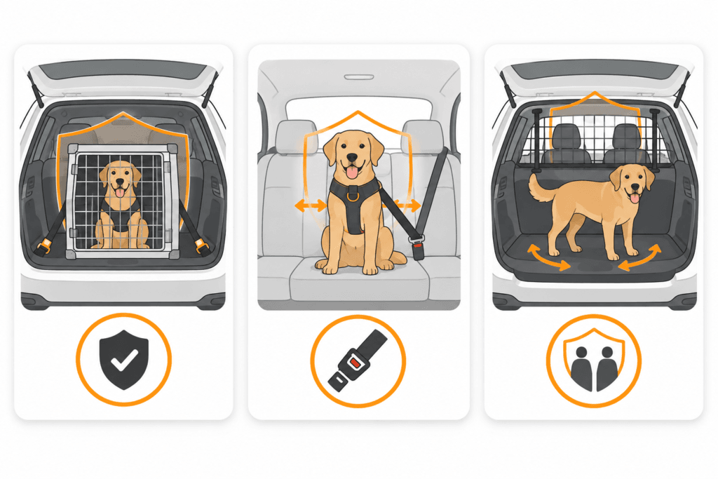 hundebox-gurt-trenngitter-sicherheit-vergleich Hundebox, Sicherheitsgurt und Trenngitter im Vergleich zur Sicherung eines Hundes im Auto