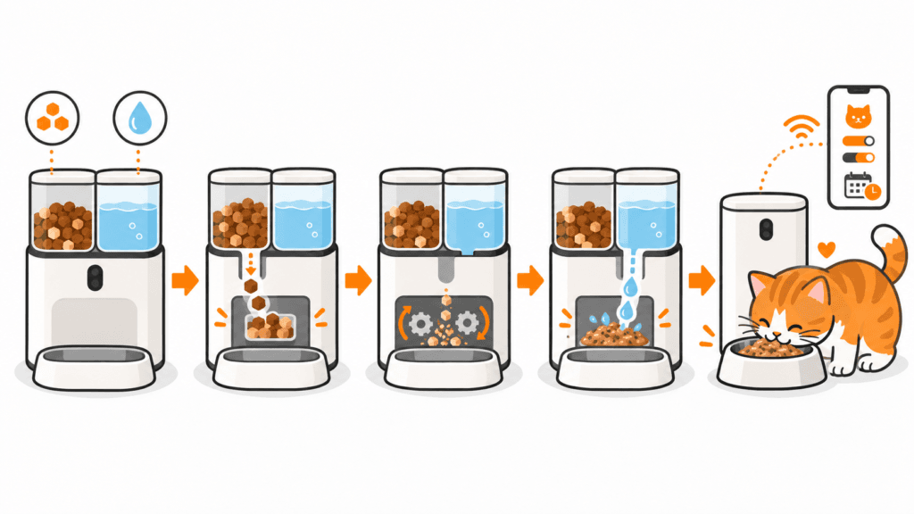 neakasa-riko-funktionsweise-wasserzugabe-infografik Infografik zur Funktionsweise des Neakasa Riko mit Portionierung und automatischer Wasserzugabe