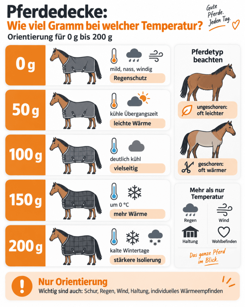 pferdedecke-gramm-temperatur-tabelle-0-200g-infografik Infografik zur Pferdedecke mit Temperaturbereichen und Orientierung für 0 g, 50 g, 100 g, 150 g und 200 g bei geschorenen und ungeschorenen Pferden