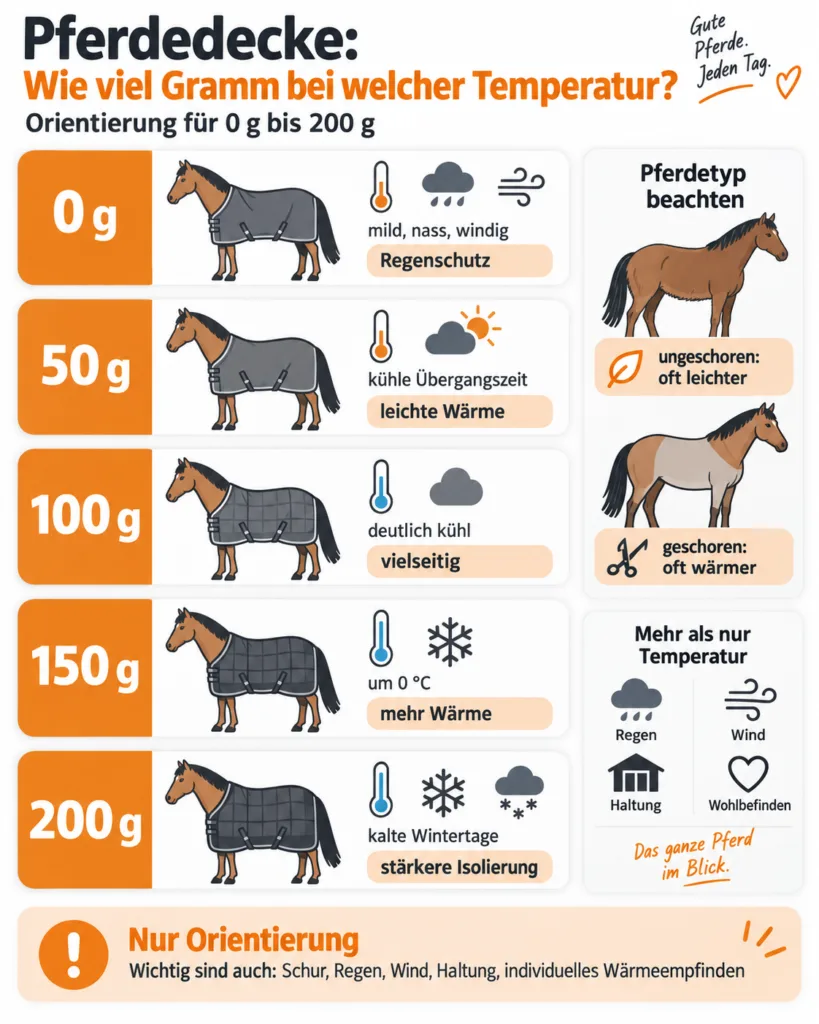 pferdedecke-gramm-temperatur-tabelle-0-200g-infografik Infografik zur Pferdedecke mit Temperaturbereichen und Orientierung für 0 g, 50 g, 100 g, 150 g und 200 g bei geschorenen und ungeschorenen Pferden