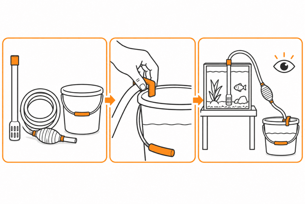 Aquarium mit Wasserwechselschlauch, Handpumpe und stabil aufgestelltem Auffangbehälter