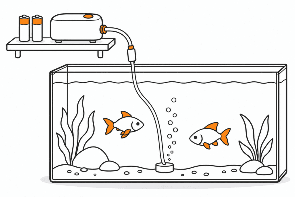 Batteriebetriebene Luftpumpe oberhalb eines Aquariums mit Luftschlauch, Ausströmer und aufsteigenden Blasen