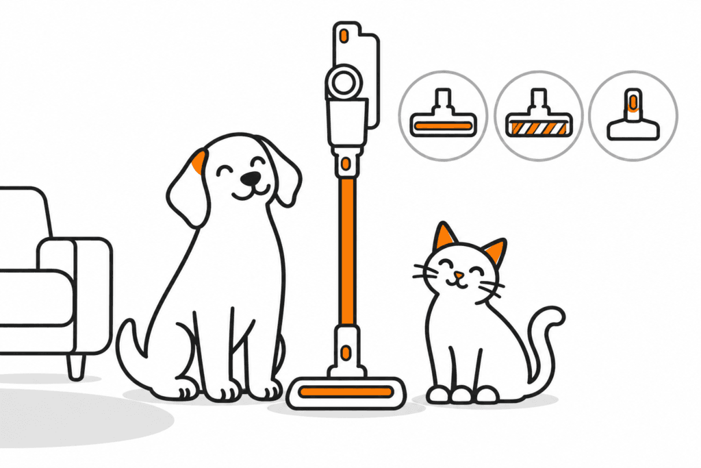 Hund und Katze neben einem kabellosen Staubsauger mit Aufsätzen für Boden, Teppich und Sofa