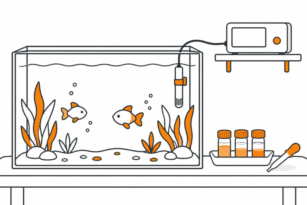 Aquarium mit separater Messsonde und manuellen Wassertests daneben