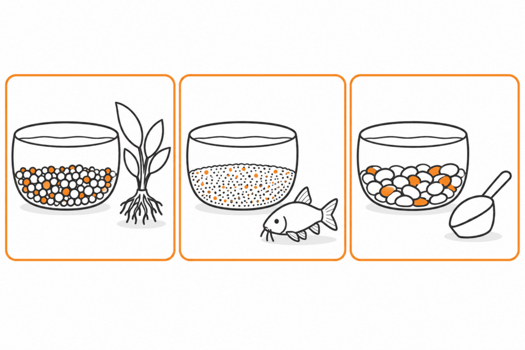 bodengrund-soil-sand-kies-infografik Soil, Sand und Kies in drei Bildfeldern mit Pflanzen-, Fisch- und Schaufelsymbolen zur Materialwahl