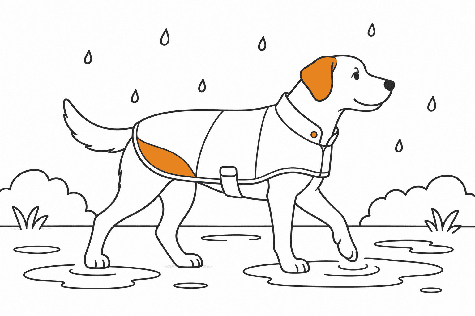 Hund mit leichtem Regenmantel, freien Beinen und ausreichend Bewegungsfreiheit