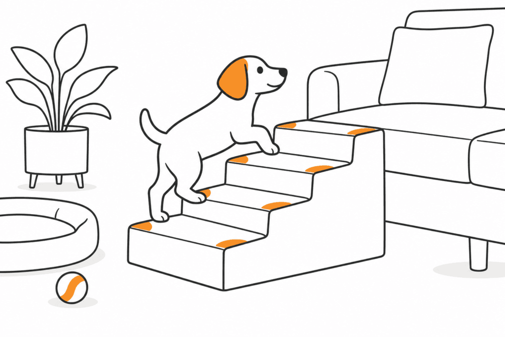 Kleiner Hund auf breiten flachen Innenraumstufen vor einem niedrigen Sofa
