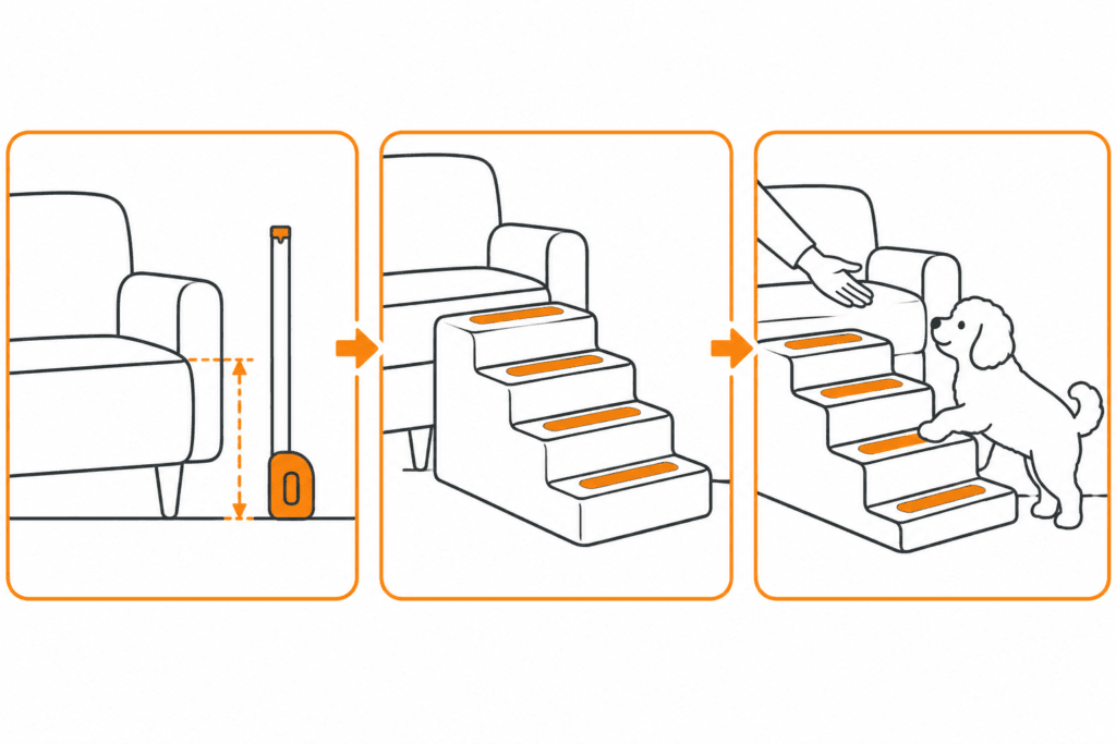 hundetreppe-sofa-bett-infografik Drei Bilder zur Hundetreppe: Sofahöhe messen, flache stabile Stufen wählen und den Hund ruhig gewöhnen