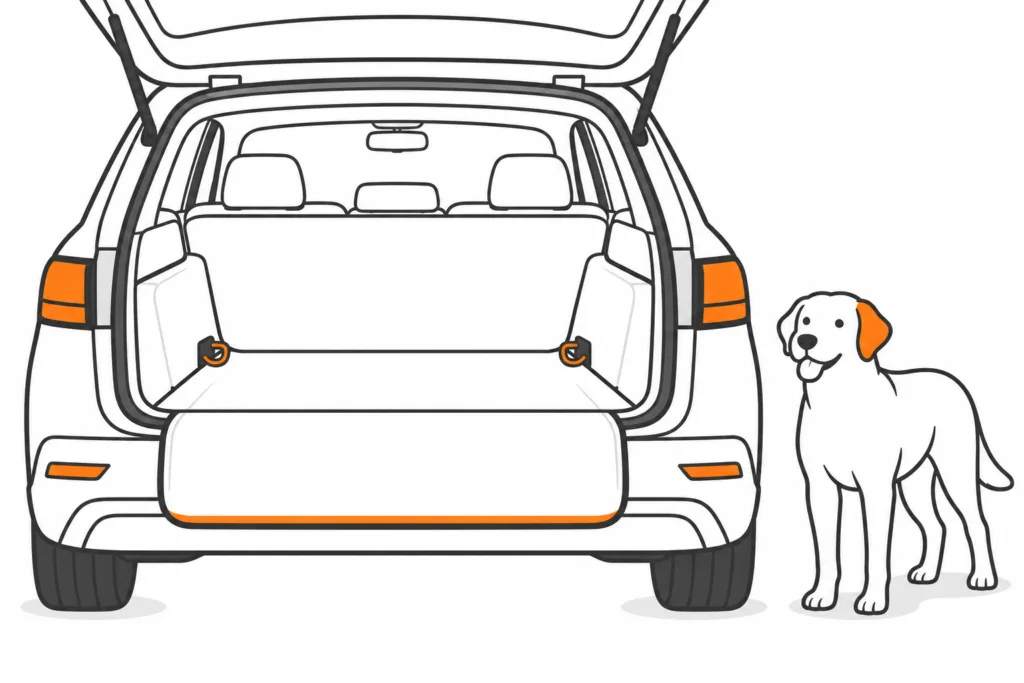Leerer Kofferraum mit Schutzwanne und Ladekantenschutz; ein Hund steht neben dem geparkten Auto