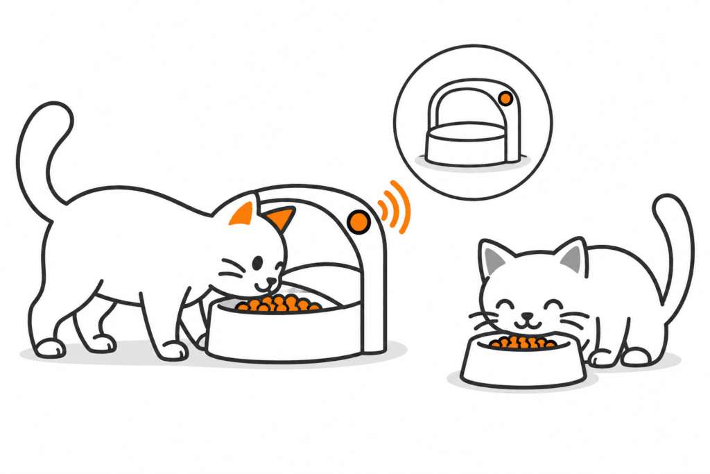 Zwei Katzen mit eigenen Futterplätzen; eine Katze frisst aus einem zugangsgesteuerten Napf mit geöffnetem Deckel