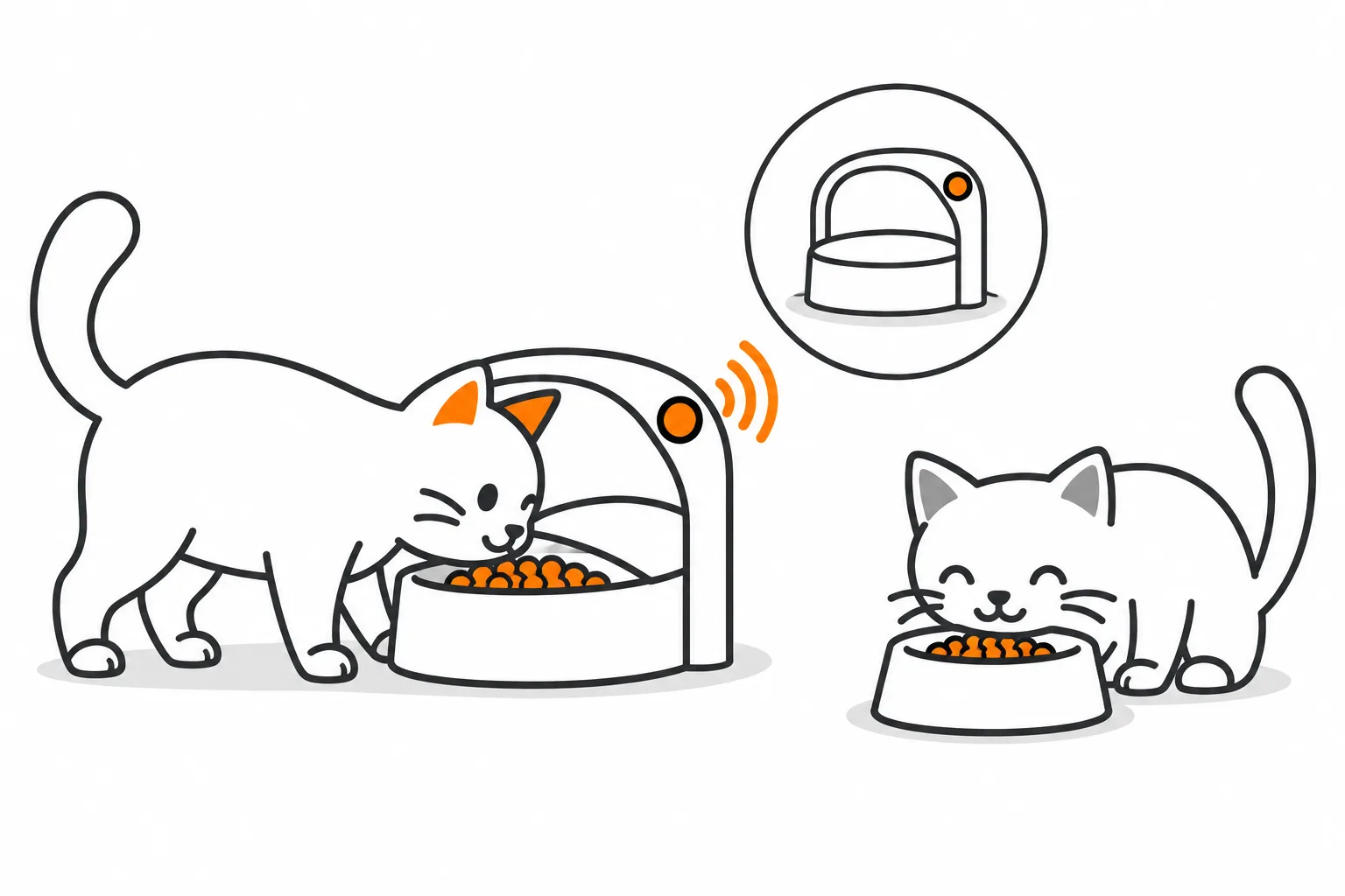 Zwei Katzen mit eigenen Futterplätzen; eine Katze frisst aus einem zugangsgesteuerten Napf mit geöffnetem Deckel