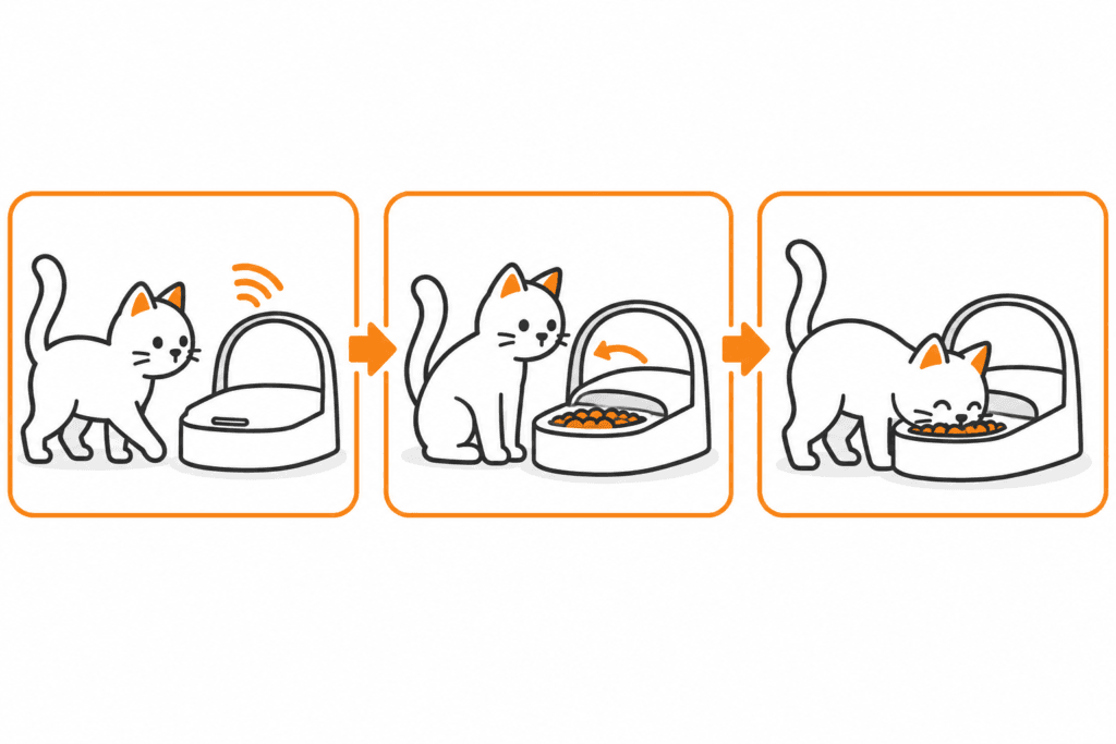 mikrochip-futterautomat-infografik Zugangsgesteuerter Futternapf in drei Bildern: Katze erkennen, Deckel öffnen und die eigene Mahlzeit fressen