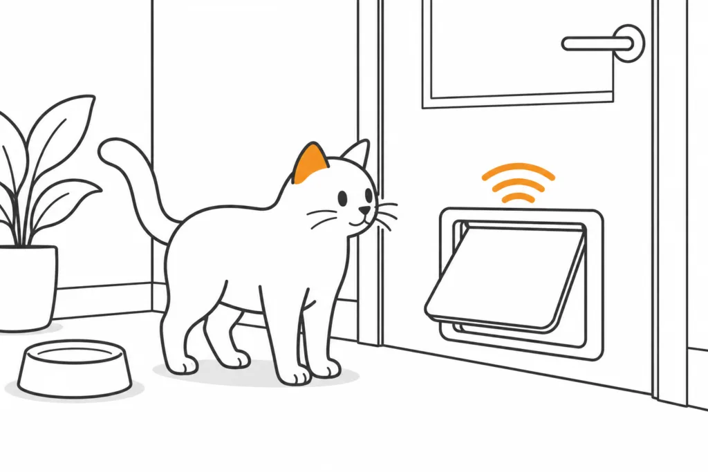 Entspannte Katze neben einer bodennah eingebauten Mikrochip-Katzenklappe in einer Tür