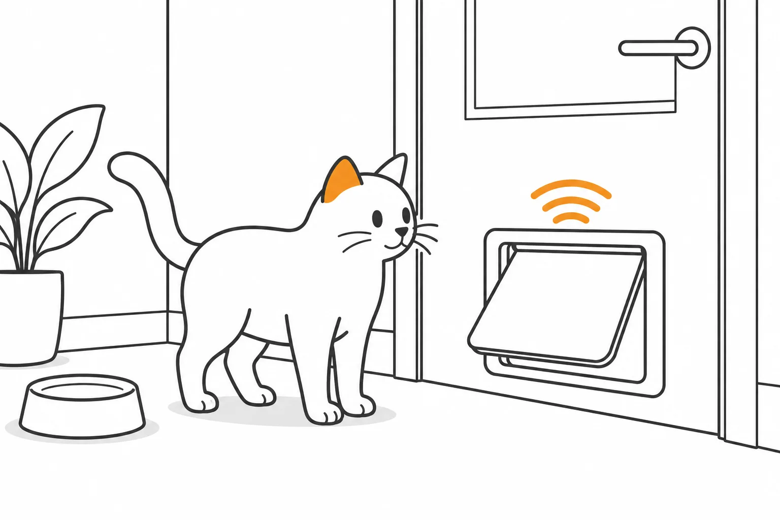 Entspannte Katze neben einer bodennah eingebauten Mikrochip-Katzenklappe in einer Tür