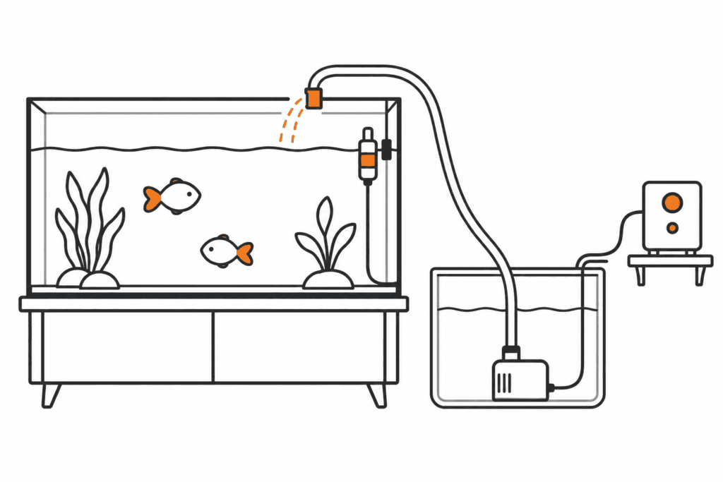 Aquarium mit Wasserstandssensor, separatem Nachfüllbehälter und Pumpe für den Verdunstungsausgleich