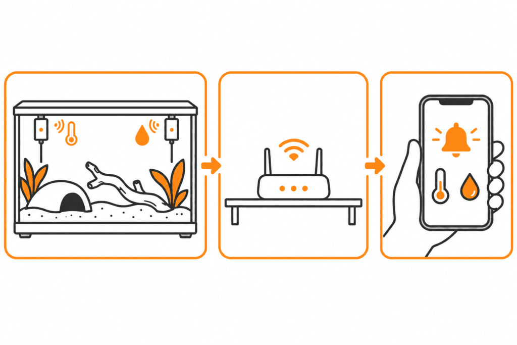 terrarium-temperatur-luftfeuchte-monitoring-infografik Klimamessung im Terrarium, Netzwerkverbindung und Benachrichtigung auf dem Smartphone
