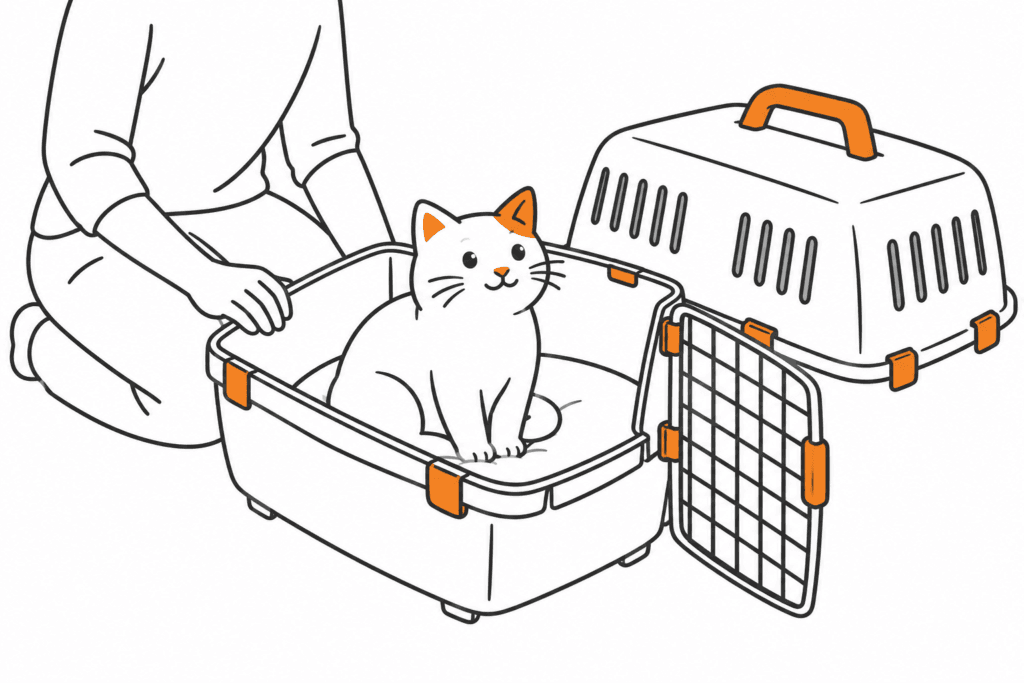 Ruhige Katze in der offenen Unterschale einer Transportbox mit abgenommenem Oberteil