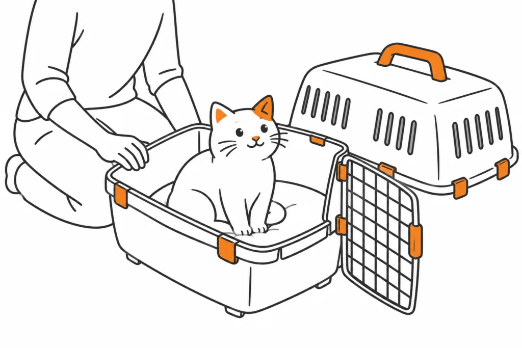 Ruhige Katze in der offenen Unterschale einer Transportbox mit abgenommenem Oberteil