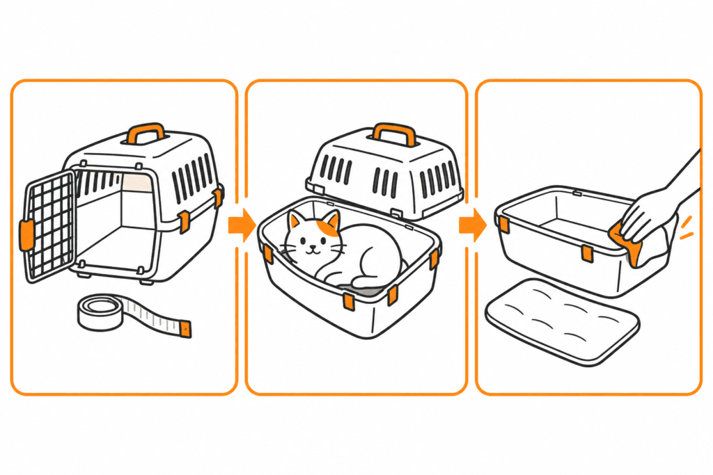 transportbox-auto-tierarzt-infografik Transportbox in drei Ansichten: Größe prüfen, Oberteil abnehmen und die leere Schale reinigen