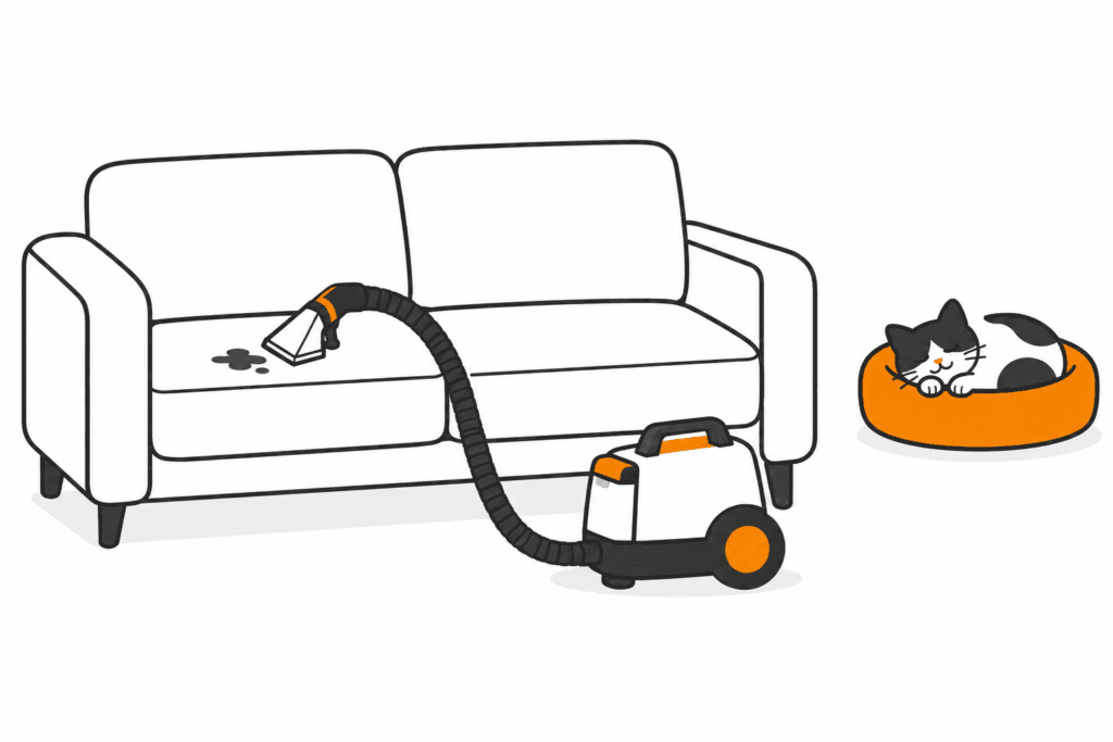 Kompakter Waschsauger an einem Sofa; eine Katze ruht mit Abstand zur gereinigten Stelle