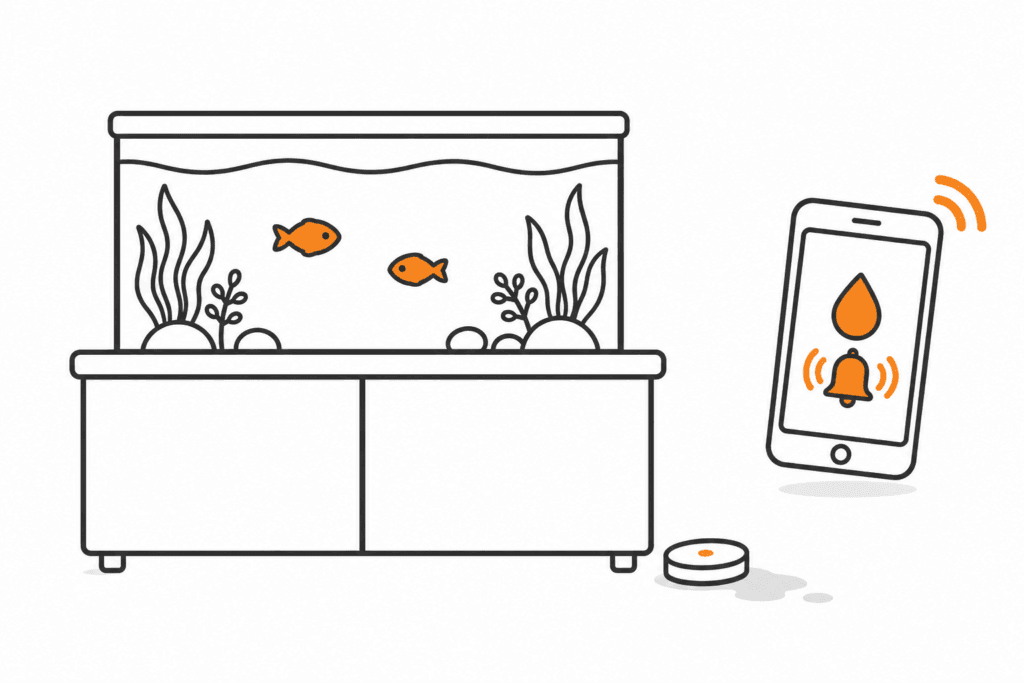 Aquarium auf einem stabilen Unterschrank mit Wassermelder auf dem Boden daneben und einer Warnanzeige auf einem Smartphone