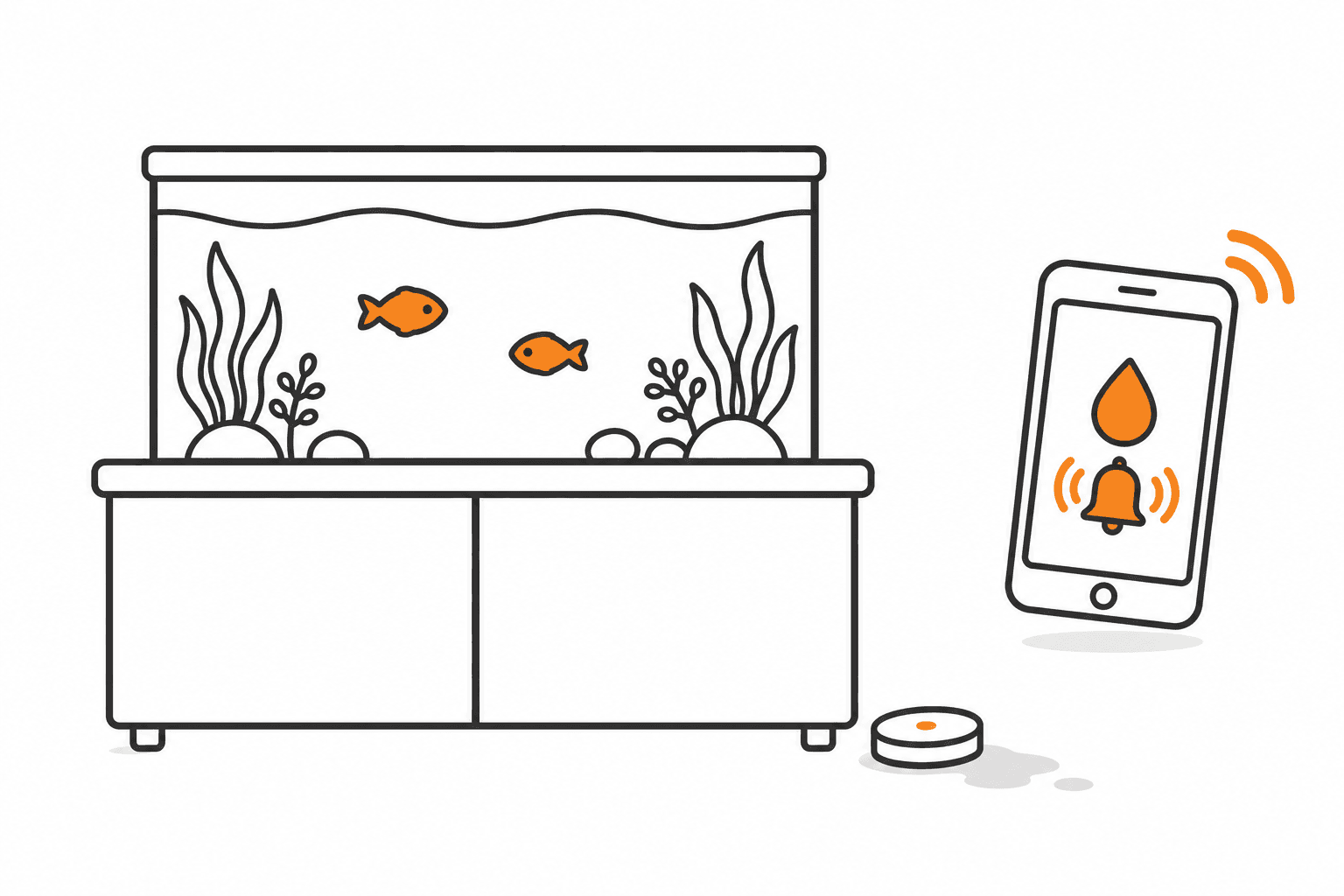 Aquarium auf einem stabilen Unterschrank mit Wassermelder auf dem Boden daneben und einer Warnanzeige auf einem Smartphone